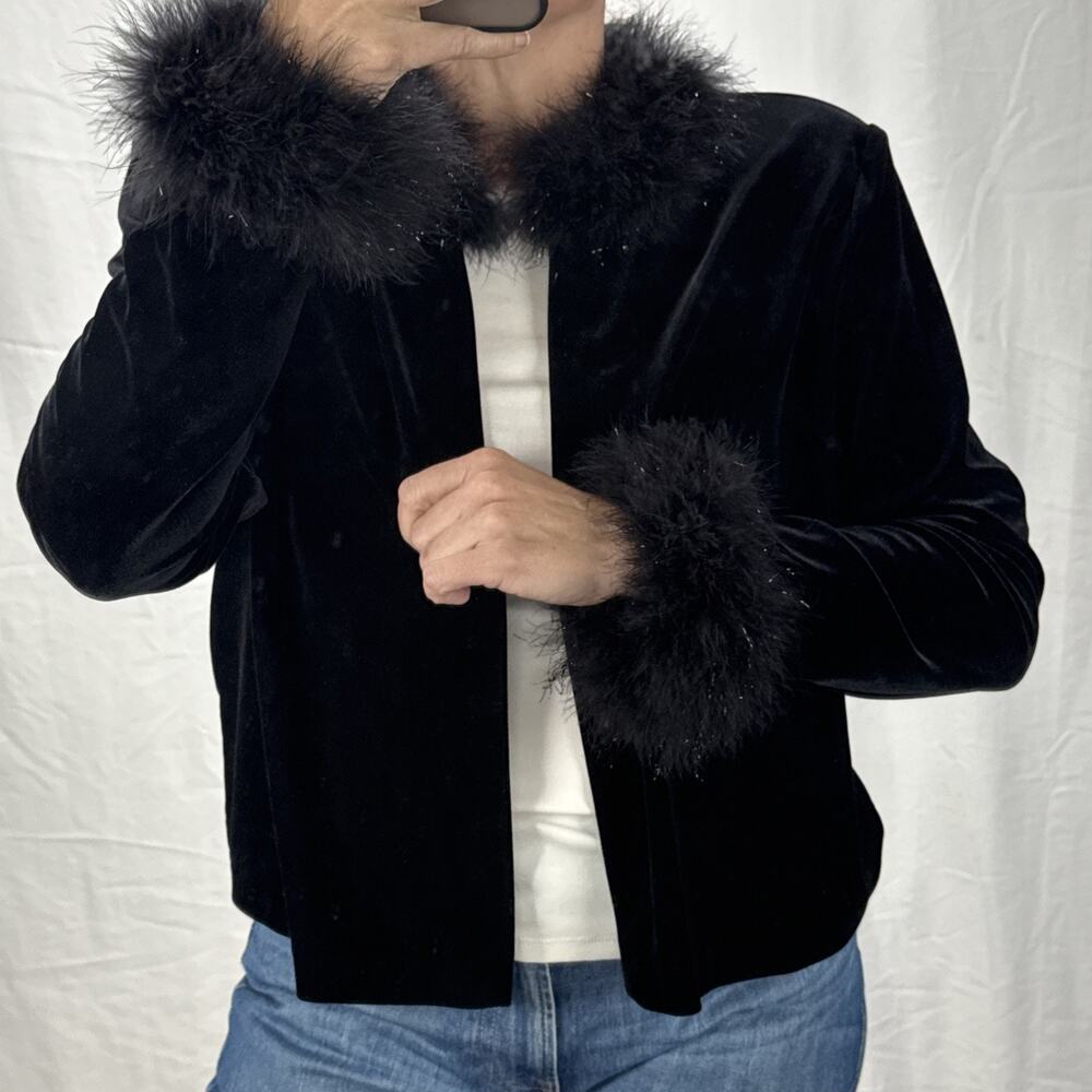 Patra Vintage Black Velvet Metallic & Fur Trim Jacket Coat Size XL Gothic Witchy